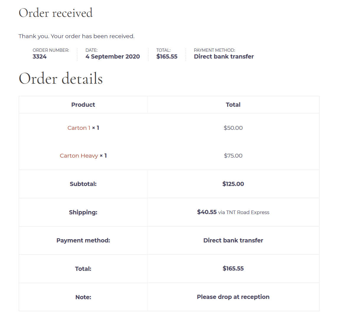 WooCommerce Order Received Page