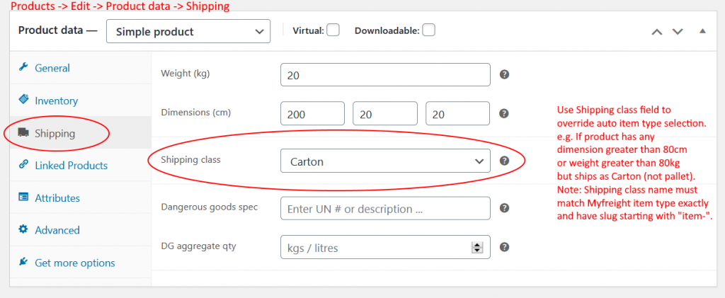 Product Shipping Settings - Specify Item Type