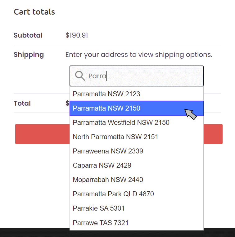 WooCommerce Cart Suburb Entry