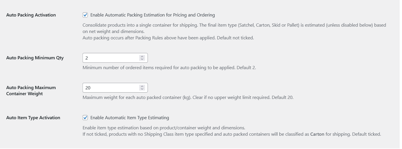 screenshot woocommerce admin auto packing settings