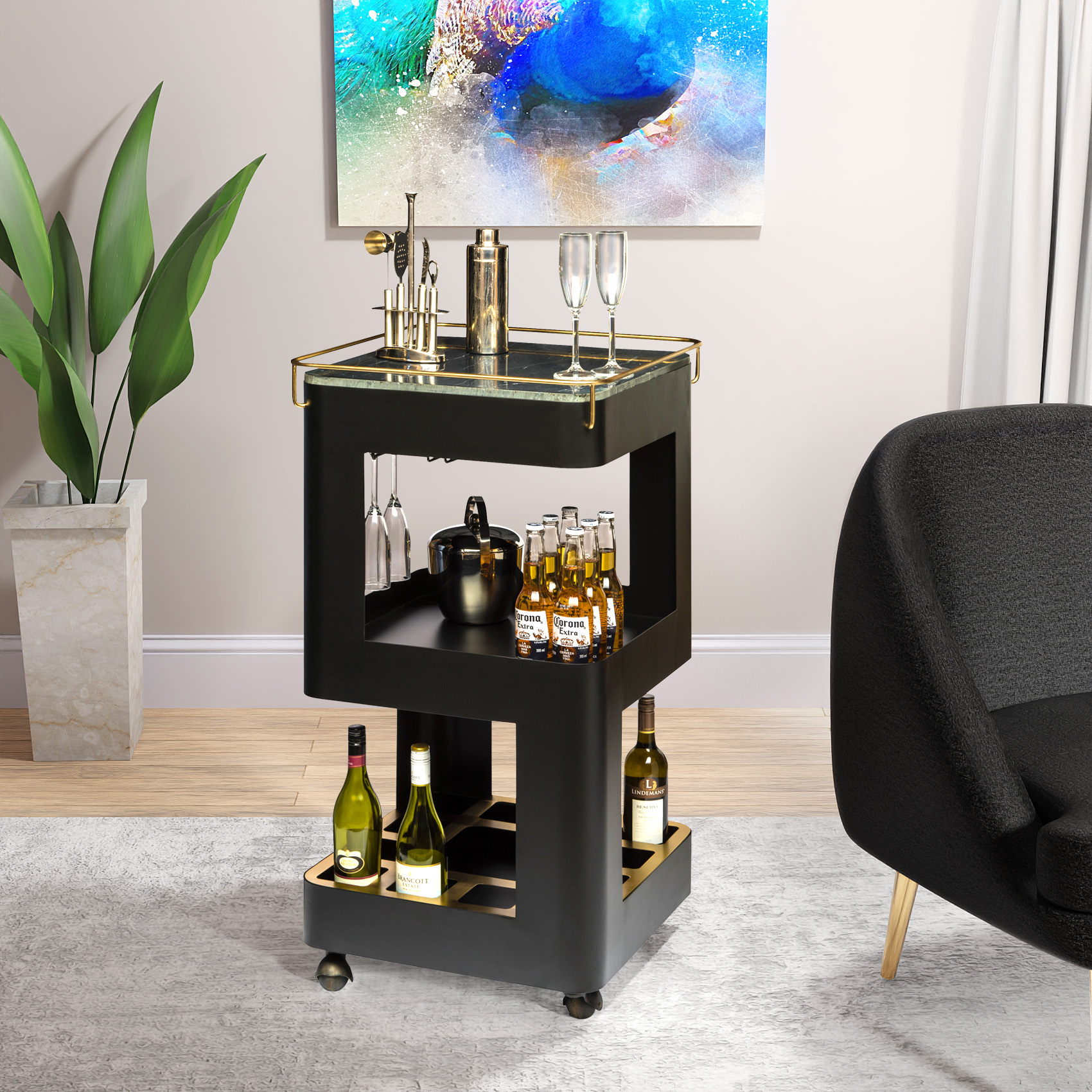 LR-39B Mobile Bar Trolley – Black Gold – Lifestyle Image